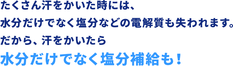 たくさん汗をかいた時には、水分だけでなく塩分などの電解質も失われます。だから、汗をかいたら水分だけでなく塩分補給も！