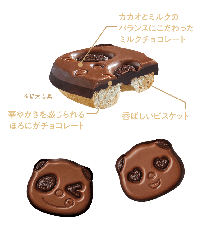 カカオとミルクのバランスにこだわったミルクチョコレート 香ばしいビスケット 華やかさを感じられるほろにがチョコレート